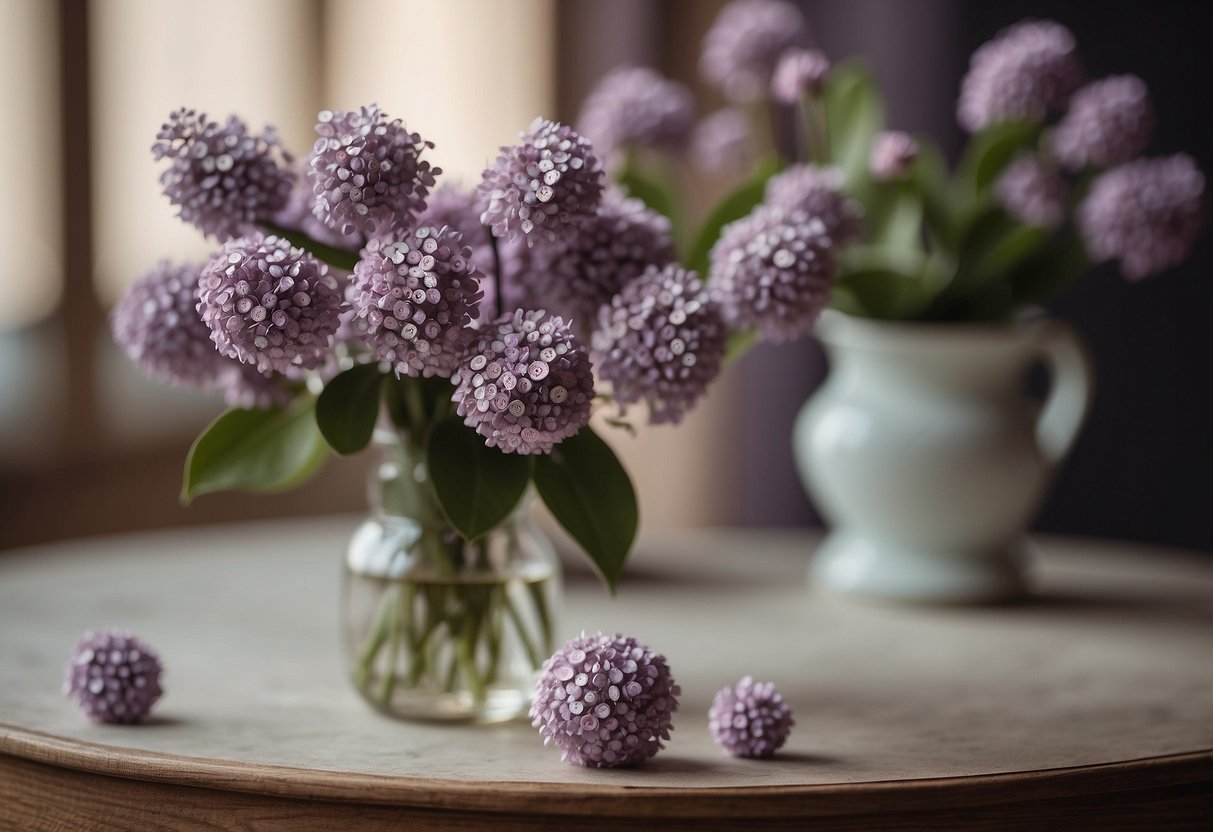 A table adorned with lilac buttonhole pins, showcasing handmade paper flowers as home decor ideas