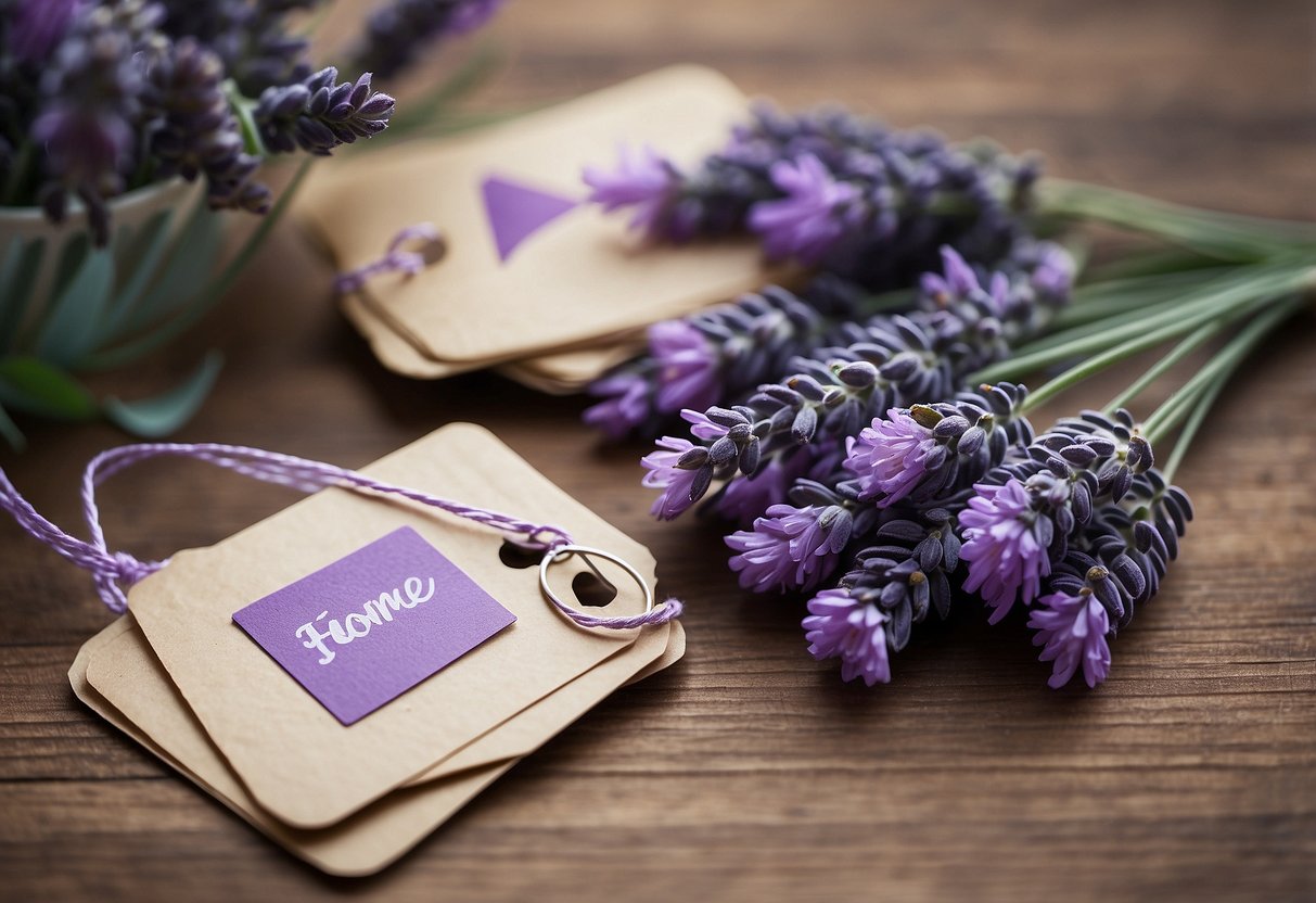 A table scattered with lavender gift tags, handmade paper flowers, and home decor ideas