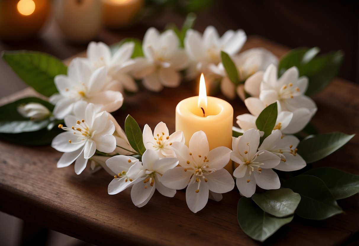 A jasmine candle ring sits atop a wooden table, surrounded by handmade paper flowers. The soft glow of the candle illuminates the delicate petals, creating a warm and inviting atmosphere