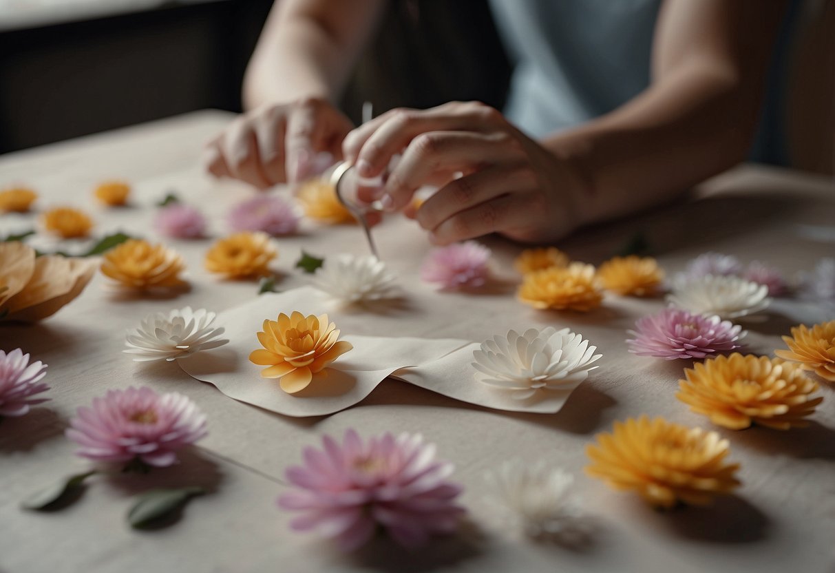 A table scattered with various types of paper, scissors, and glue, as a hand reaches for a delicate handmade paper flower