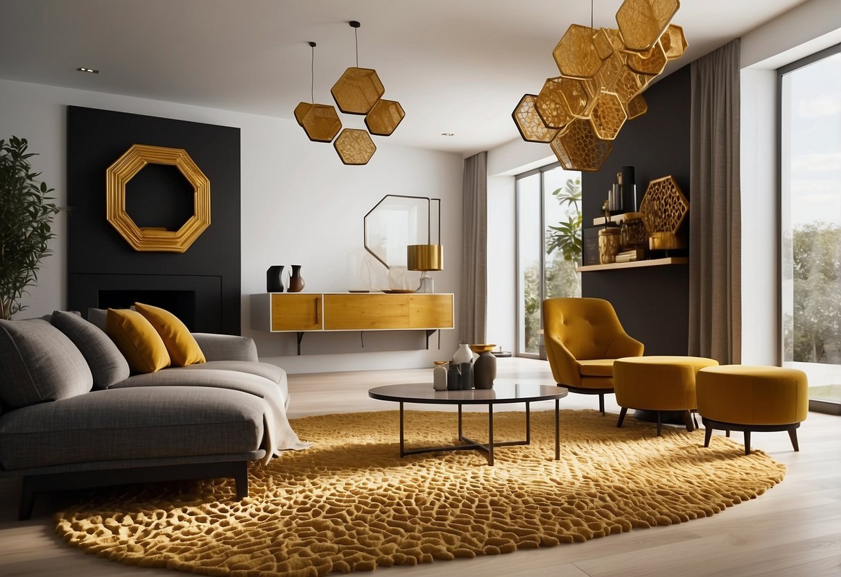 A modern living room with hexagon-shaped shelves, geometric wall art, and a honeycomb-patterned rug. Shades of gold and black accent the space