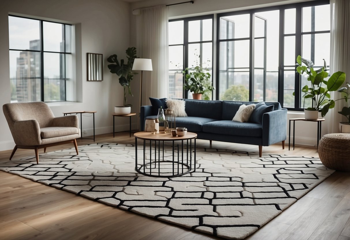 A living room with a modern geometric area rug in hexagon patterns, paired with sleek furniture and minimalist decor