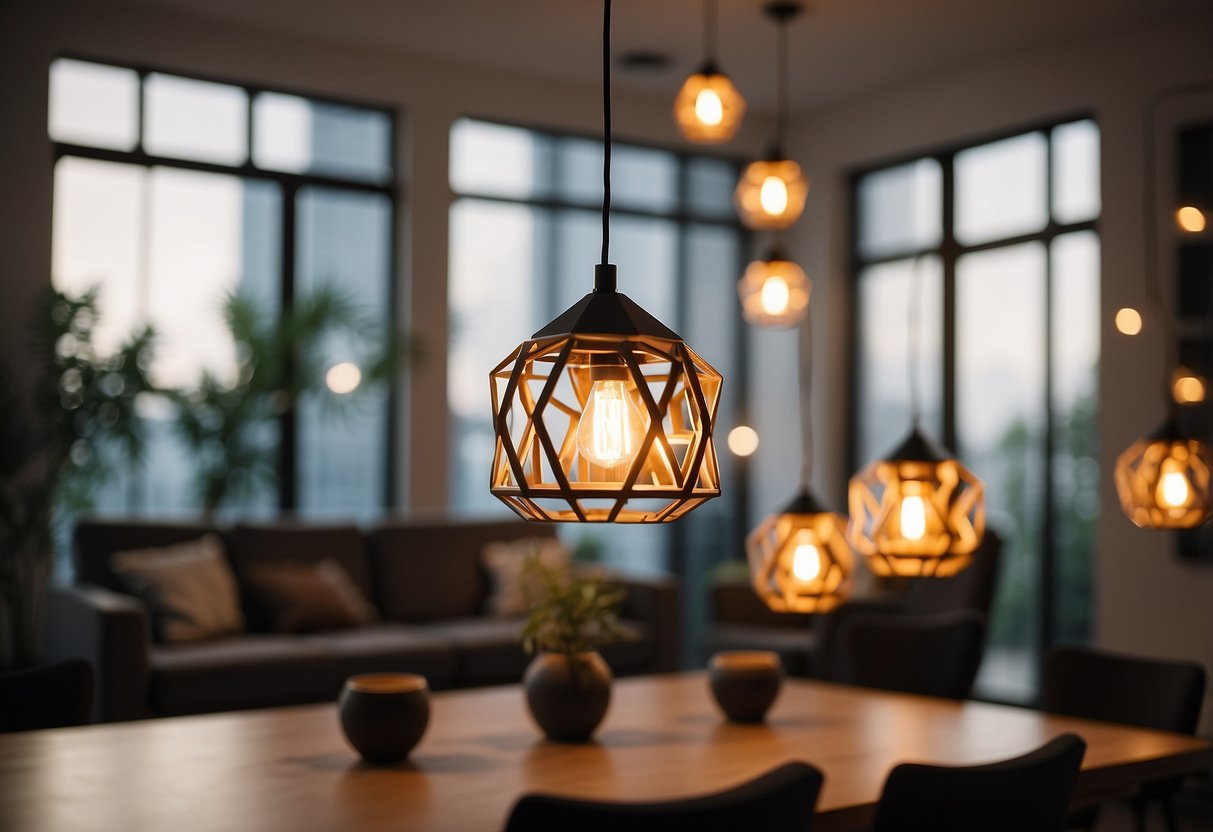 A modern living room with geometric pendant lights hanging from the ceiling, casting a warm glow over the sleek hexagon-shaped home decor