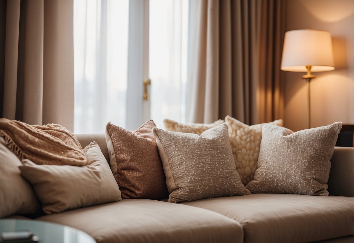 A cozy living room with heart-shaped throw pillows on a plush sofa, heart-shaped wall art, and heart-patterned curtains. Warm lighting and soft, neutral colors create a welcoming atmosphere