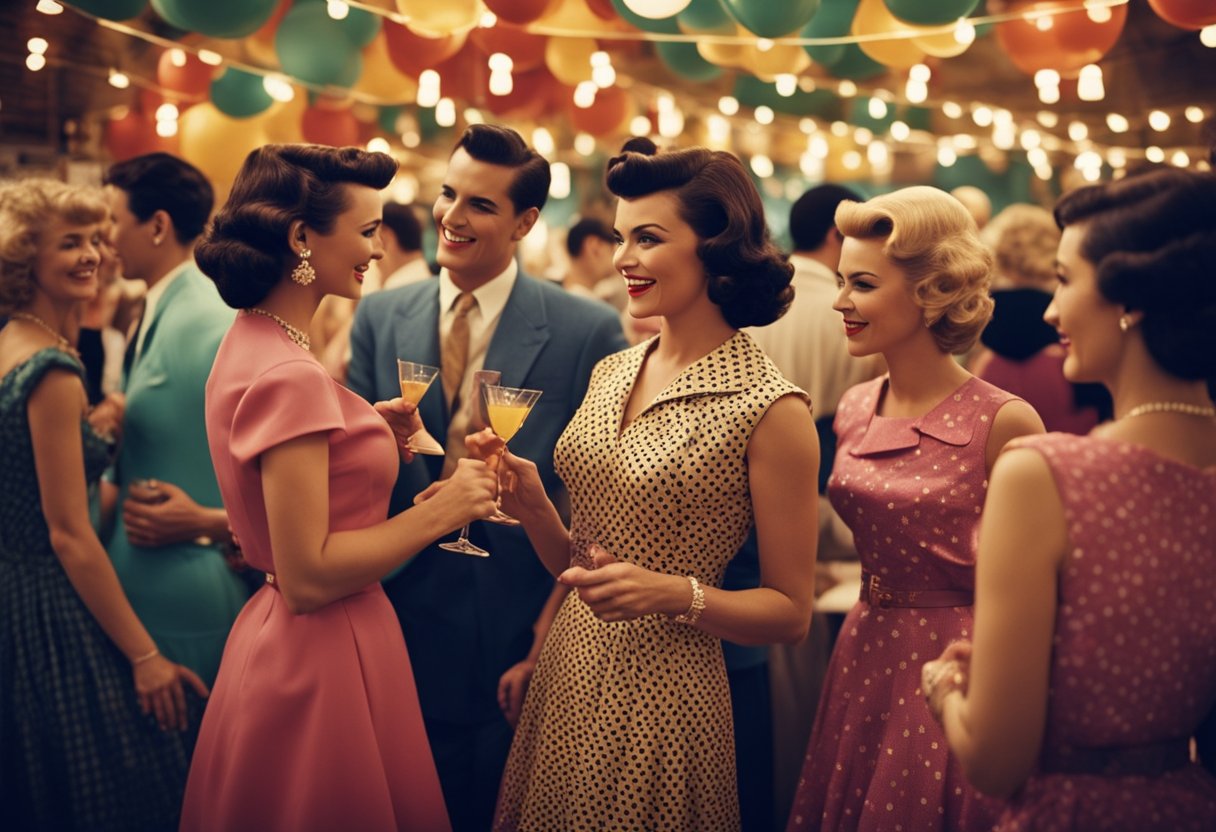 A 1950s retro cocktail party: women in vintage swing dresses dancing and socializing in a colorful, lively setting