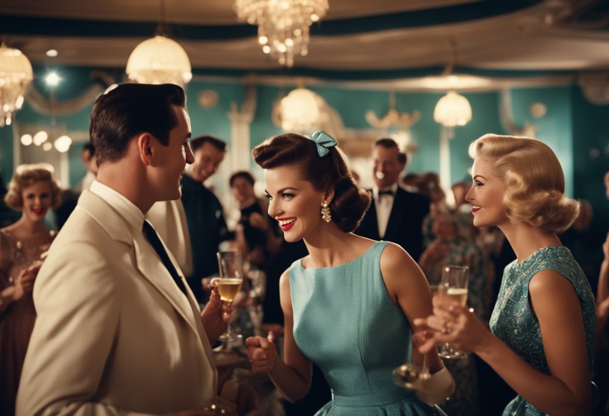 A 1950s fashion party with women in retro swing dresses, dancing and socializing in a vintage setting with classic decor and music