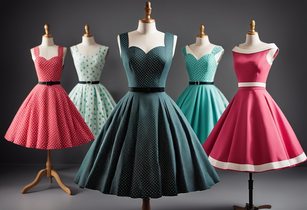 A 1950s retro vintage cocktail party swing dress, with a fitted bodice, full swing skirt, and a classic sweetheart neckline. The dress is adorned with polka dots and finished with a ribbon belt