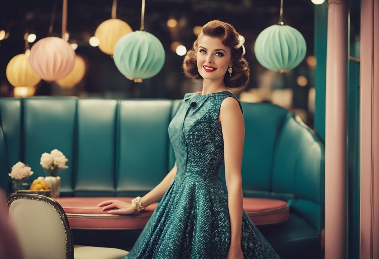 A close-up of a 1950s retro vintage cocktail party swing dress, showcasing the high-quality material and fabric used in its construction