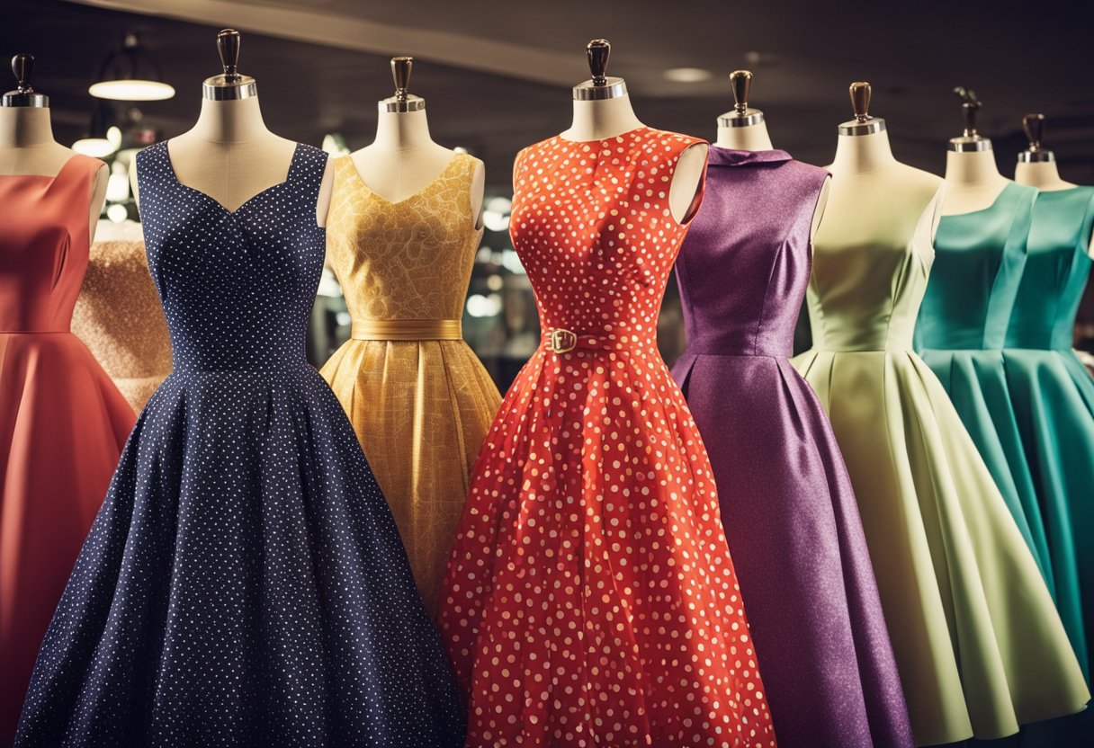 A colorful array of 1950s retro vintage swing dresses, showcasing various patterns and styles for a cocktail party