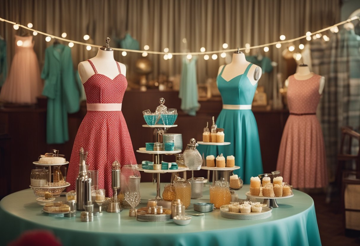 A vintage 1950s cocktail party scene with retro swing dresses on display, surrounded by care and maintenance items