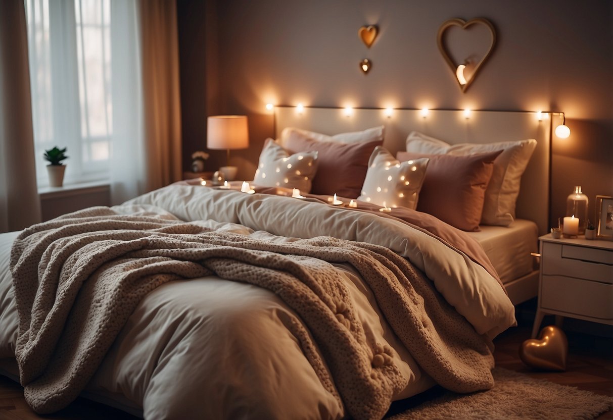 A cozy bedroom with heart-themed bedding set, heart-shaped pillows, and a heart-patterned throw blanket. The room is decorated in warm, romantic tones with soft lighting