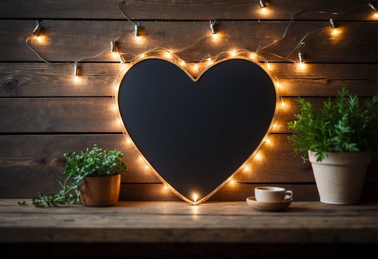 A heart-shaped chalkboard hangs on a rustic wall, surrounded by twinkle lights and greenery, with handwritten home decor ideas