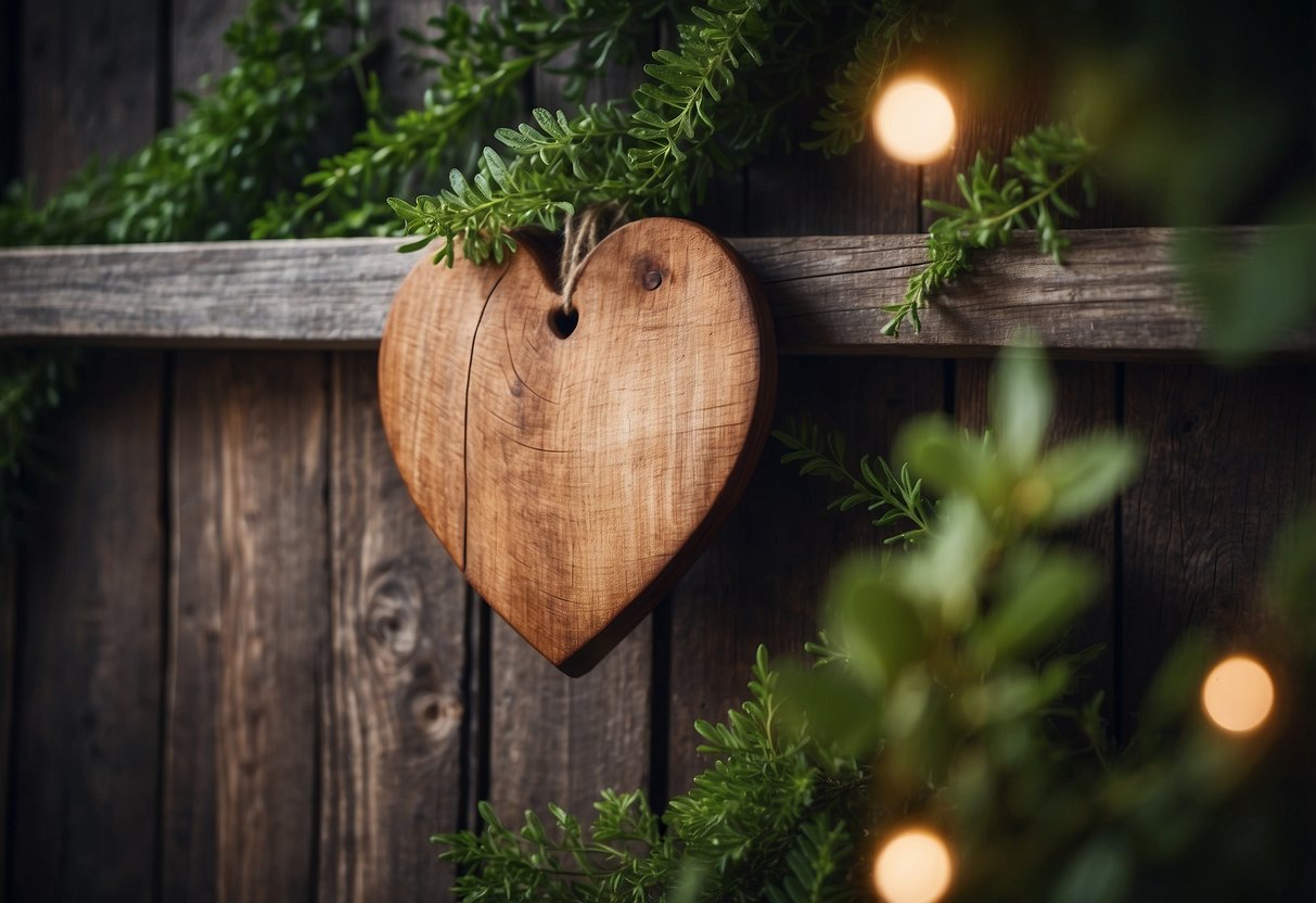 A wooden heart hangs on a rustic wall, surrounded by greenery and soft lighting, creating a cozy and charming home decor idea