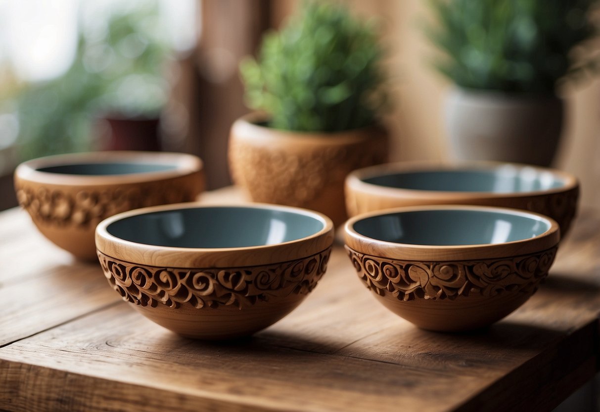 Heart-shaped wooden bowls, intricately carved, displayed on a rustic table surrounded by cozy home decor