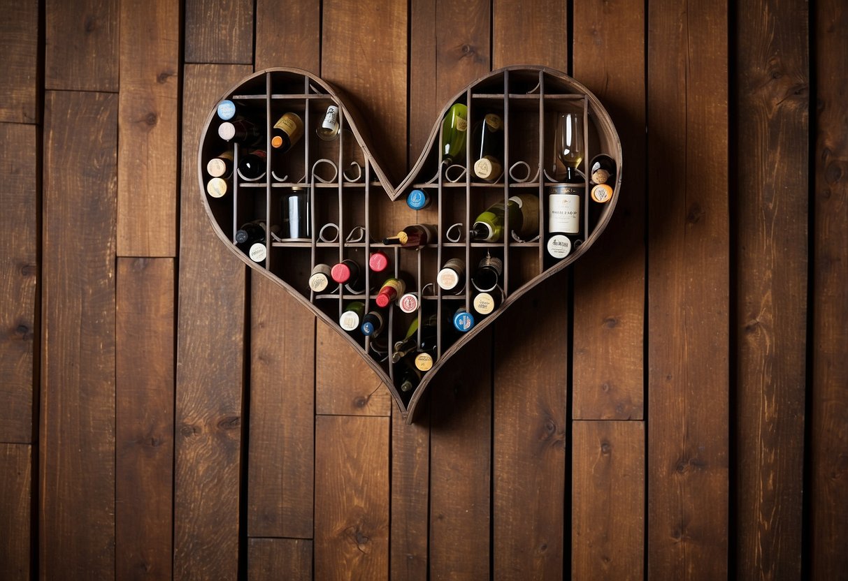 A heart-shaped wine rack hangs on a rustic wooden wall, adorned with ornate details. Perfect for home decor