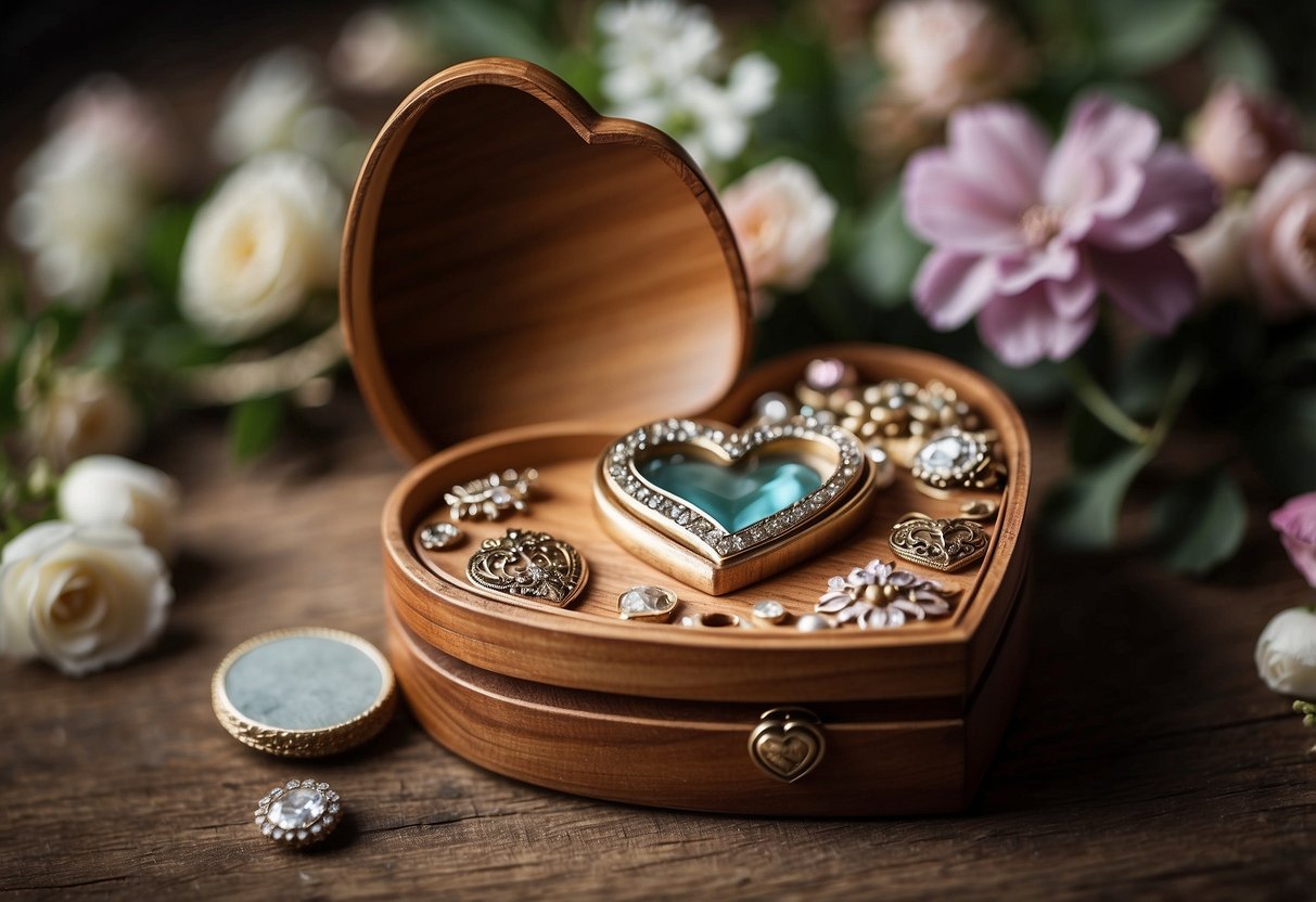 A heart-shaped wooden jewelry box sits on a rustic table, surrounded by delicate trinkets and flowers. Perfect for home decor