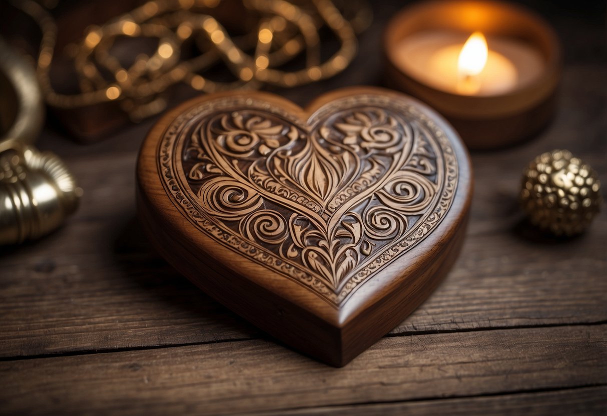 A wooden heart plaque engraved with intricate designs, surrounded by rustic home decor elements