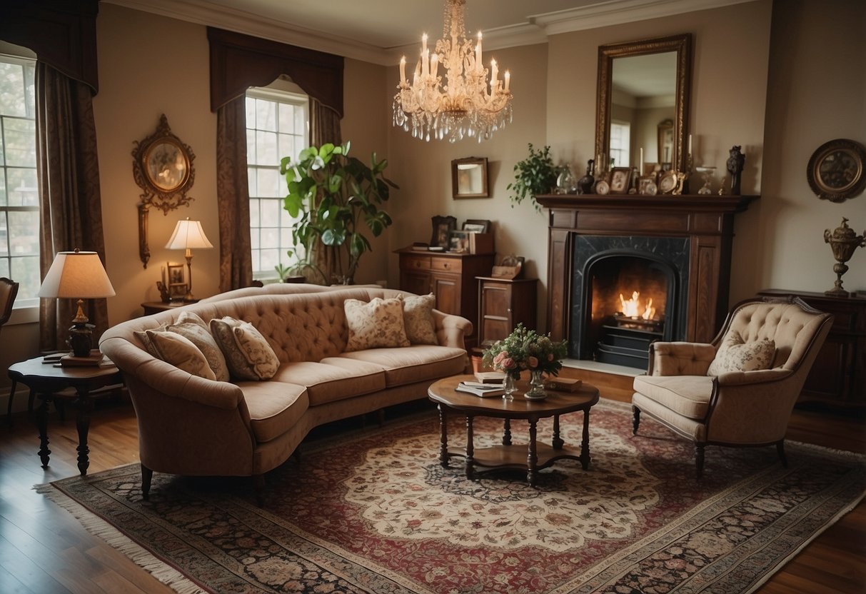 A cozy living room with vintage furniture, family heirlooms, and traditional artwork adorning the walls. A Persian rug and antique chandelier complete the heritage home decor