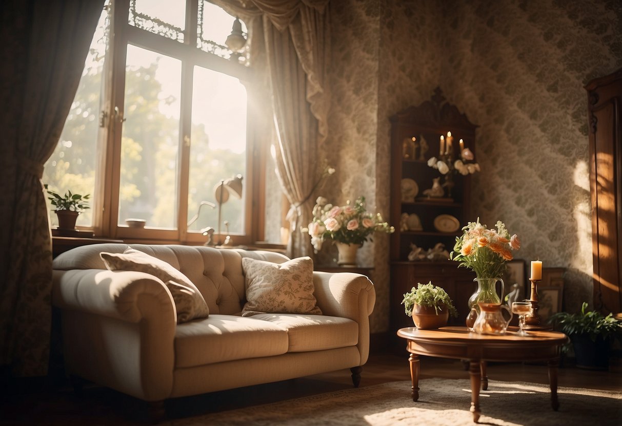 A cozy living room with floral vintage wallpaper, antique furniture, and a crackling fireplace. Sunlight streams through lace curtains, casting a warm glow