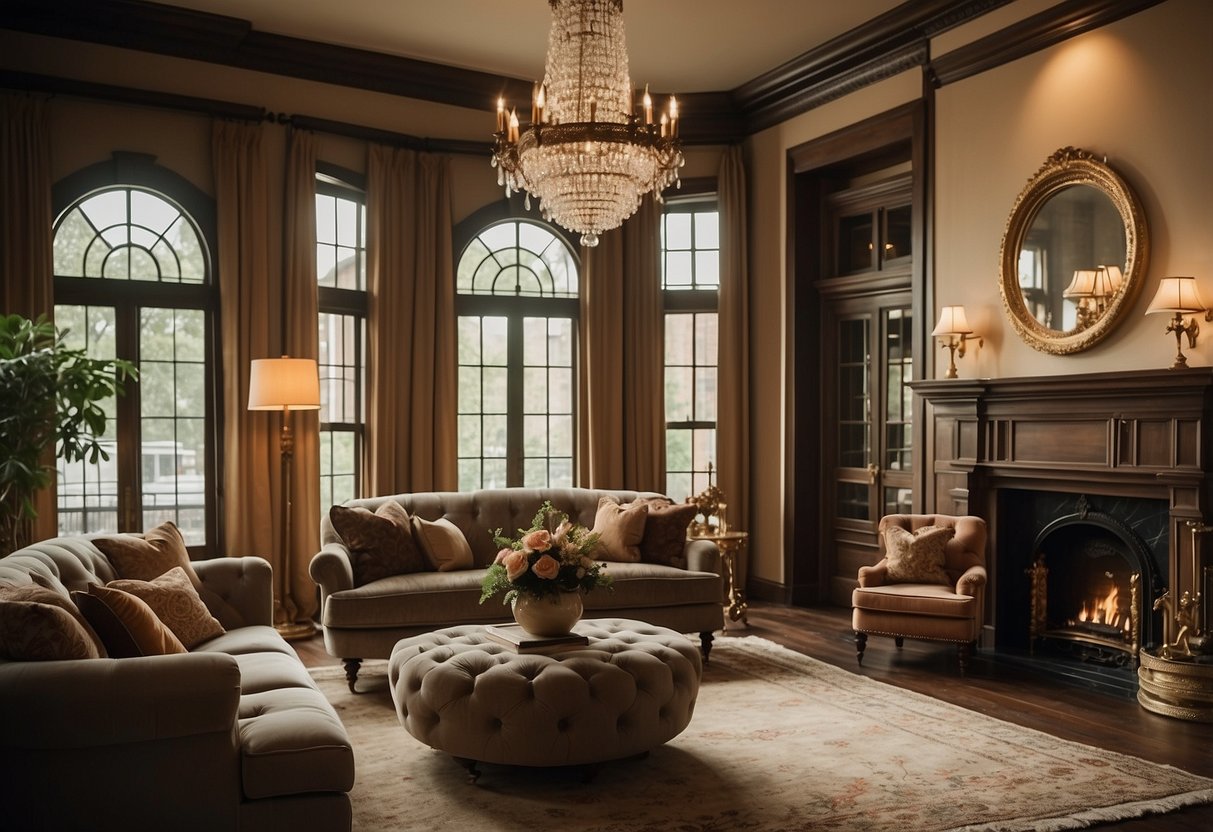 An elegant living room with antique brass fixtures, including a chandelier, sconces, and fireplace accessories. Rich, warm colors and traditional furniture complete the heritage home decor