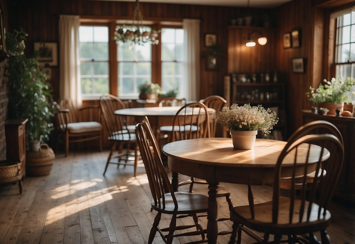 A cozy room with mismatched wooden chairs around a vintage table, creating a charming heritage home decor vibe