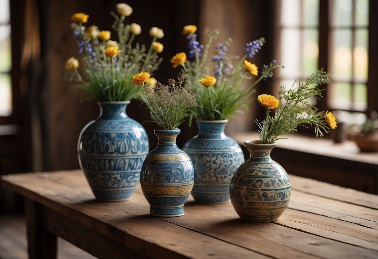 A rustic wooden table adorned with handcrafted ceramic vases in various sizes and colors, complementing the traditional decor of a heritage home