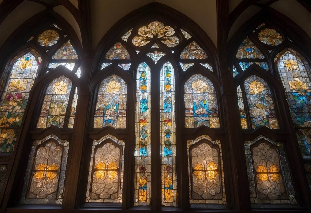 Sunlight streams through patterned stained glass windows, casting colorful designs on the walls and floors of a historic home