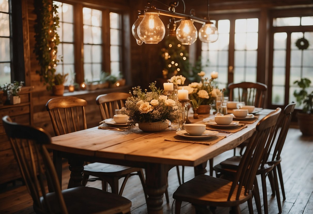 A rustic farmhouse dining table set with vintage dishes and fresh flowers, surrounded by wooden chairs and warm lighting