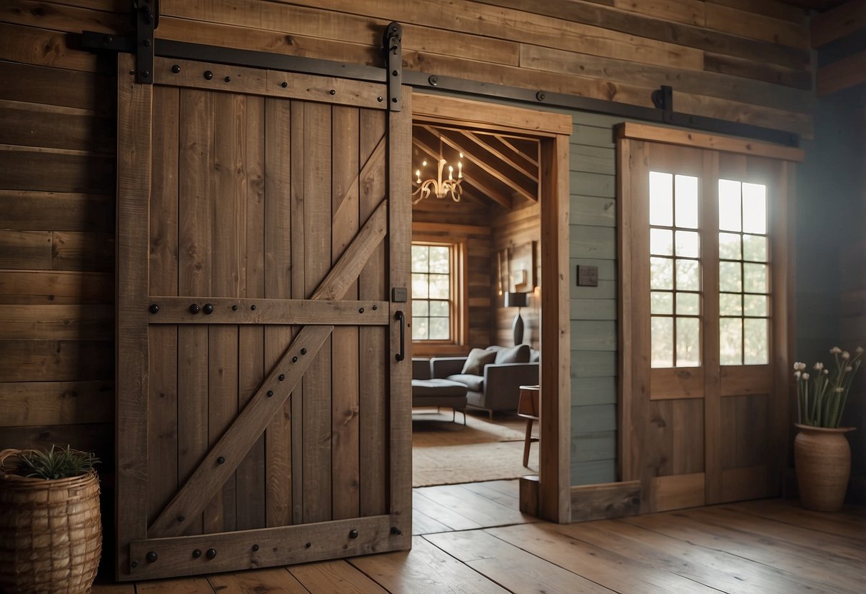 A rustic barn door slides open, revealing vintage hardware against a backdrop of heritage home decor