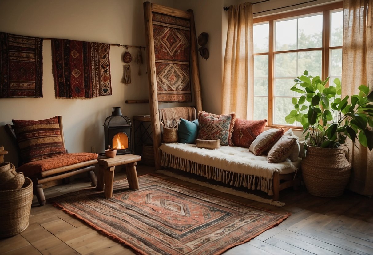 A cozy living room with handwoven rugs, embroidered pillows, and tapestries adorning the walls. A wooden loom sits in the corner, showcasing traditional textile craftsmanship