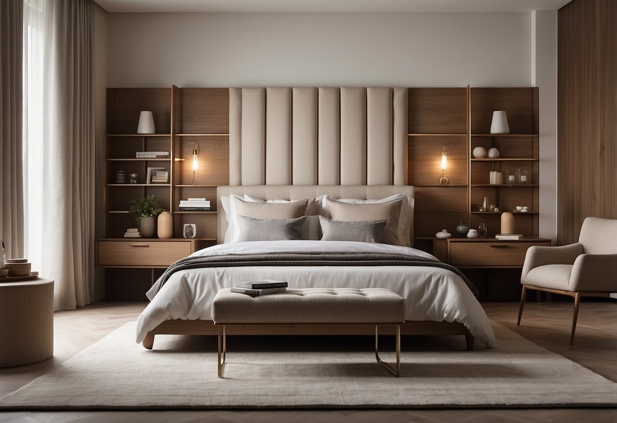 A cozy bedroom with a variety of headboard styles - tufted, wooden, upholstered - against a neutral wall with soft lighting