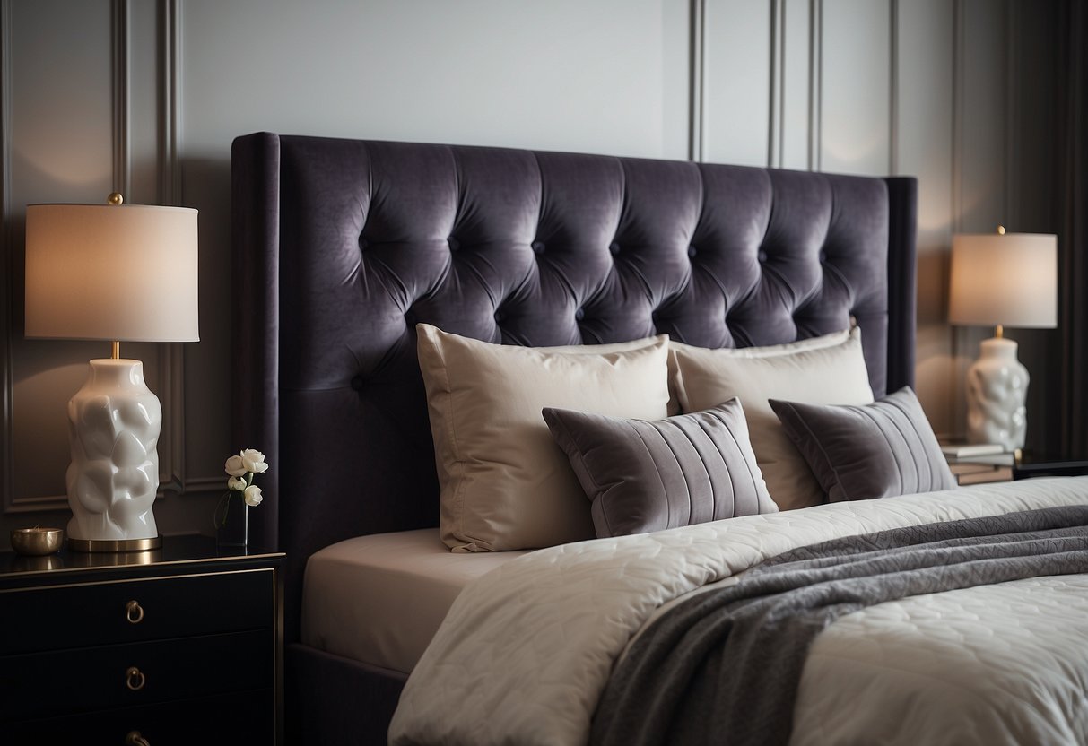 A luxurious velvet tufted headboard stands against a wall in a tastefully decorated bedroom, adding elegance and comfort to the space