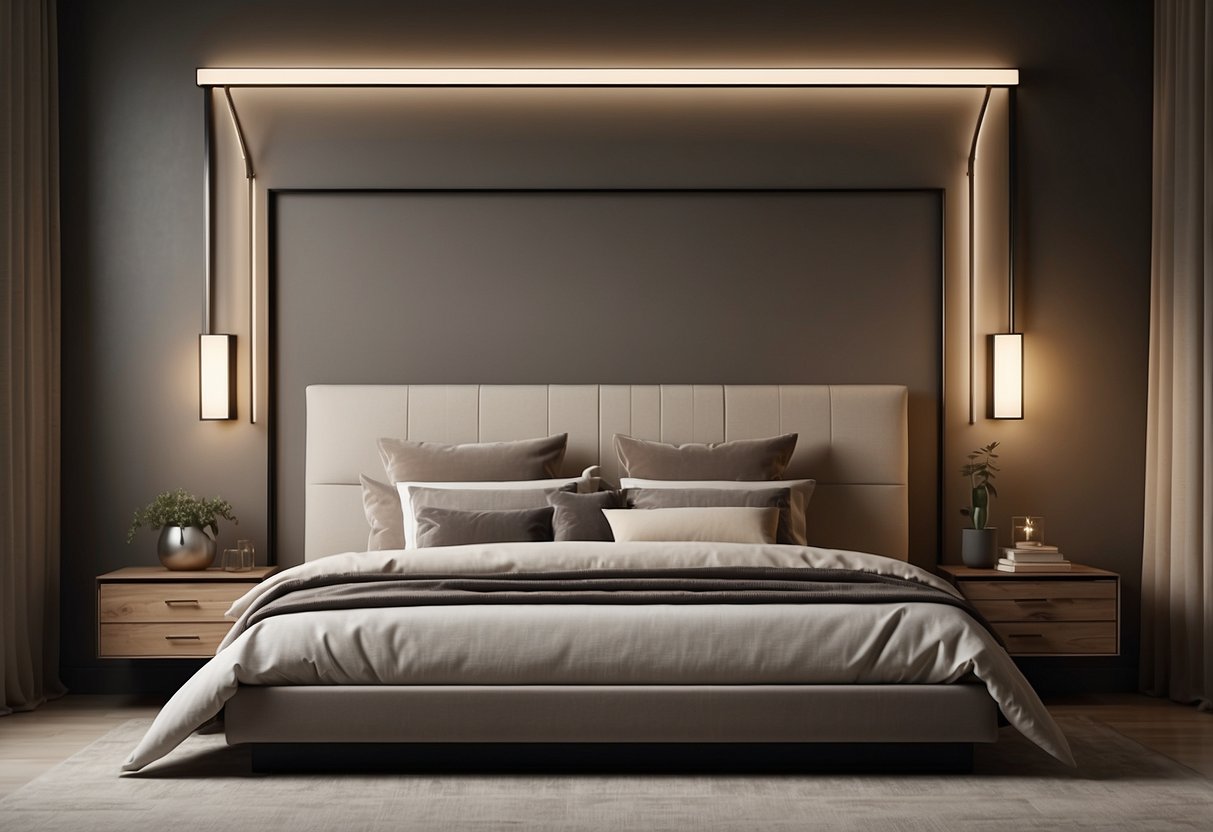 A sleek metal canopy headboard stands against a neutral-toned wall in a modern bedroom, with soft lighting highlighting its elegant design