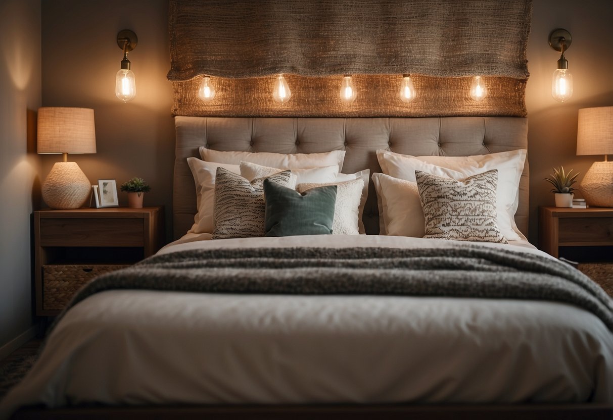 A bedroom with a woven jute headboard, adorned with cozy pillows and soft lighting, creating a warm and inviting atmosphere