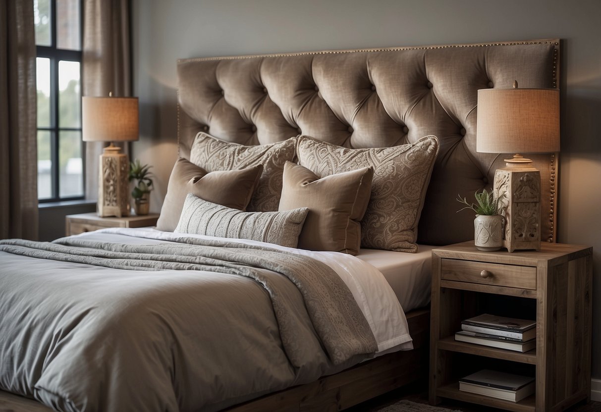 A cozy bedroom with a plush, tufted headboard in soft velvet fabric, accented with decorative nailhead trim. Adjacent is a rustic wooden headboard with a distressed finish, featuring intricate carvings and a weathered texture