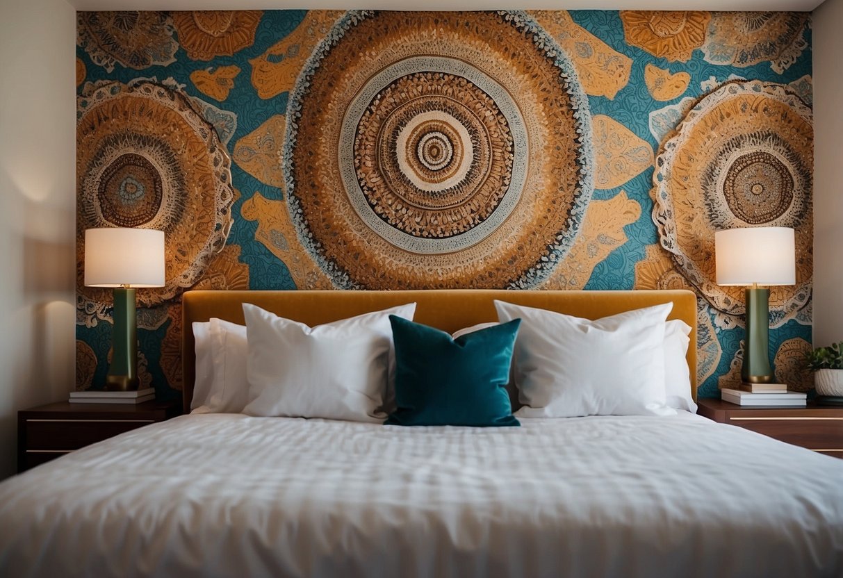 A bedroom with a vibrant, patterned headboard against a neutral wall. Bold colors and intricate designs in the decor add a lively touch to the room