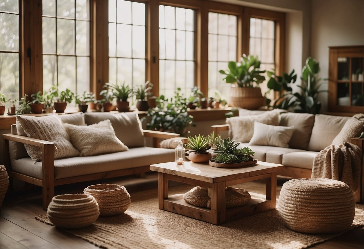 A cozy living room with earthy tones, textured hessian rugs, and woven baskets. A rustic wooden coffee table adorned with succulents and natural light streaming in through the windows