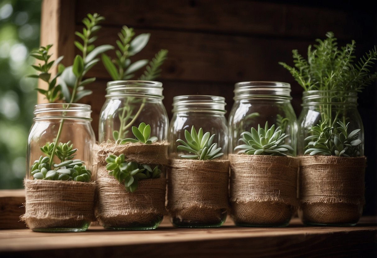 Mason jars wrapped in hessian, arranged on a rustic wooden shelf with soft lighting and greenery