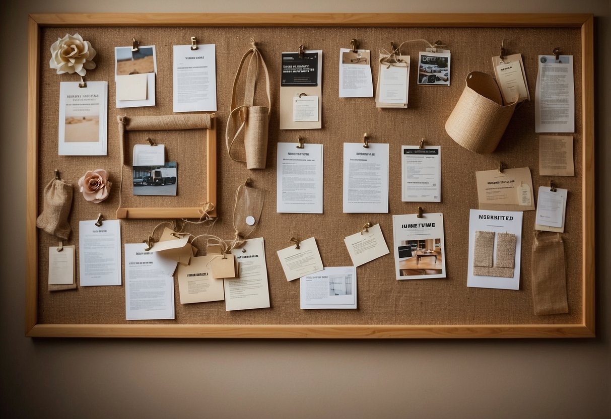 A bulletin board covered in hessian fabric displays various home decor ideas. Pins secure fabric swatches, paint samples, and magazine cutouts