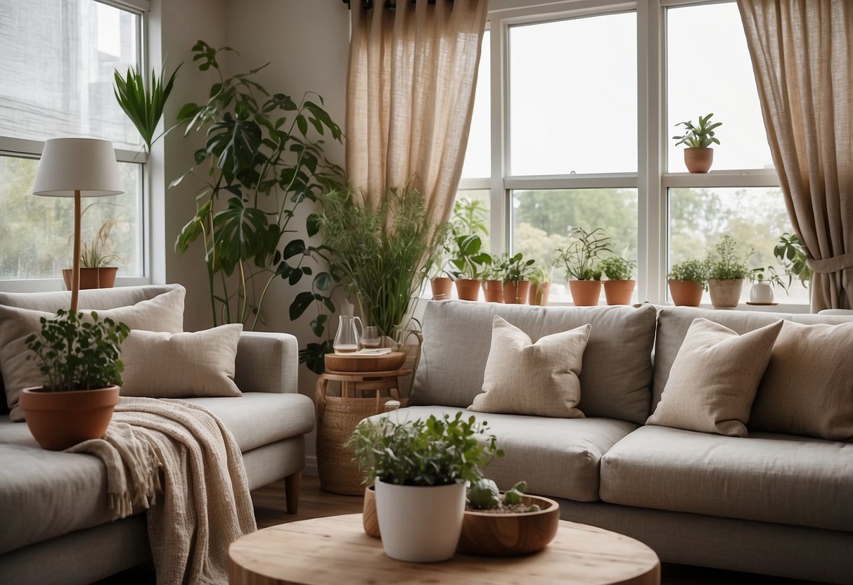 A cozy living room with hessian fabric curtains, throw pillows, and a table runner. Plants and natural light add warmth to the space