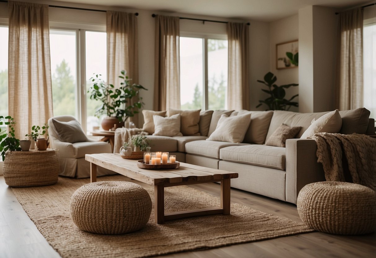 A cozy living room with hessian curtains, throw pillows, and a rug. Natural, rustic, and eco-friendly decor adds warmth and texture to the space