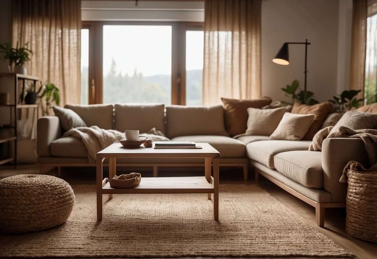 A living room with a cozy hessian rug, earthy tones, and natural textures. A rustic bedroom with hessian curtains, wooden furniture, and soft lighting