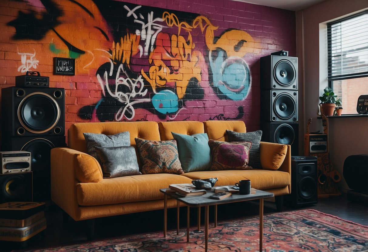 A graffiti mural adorns the wall, while a turntable and vinyl records sit on a shelf. Bold, colorful throw pillows and a graffiti-style rug complete the hip hop-inspired decor