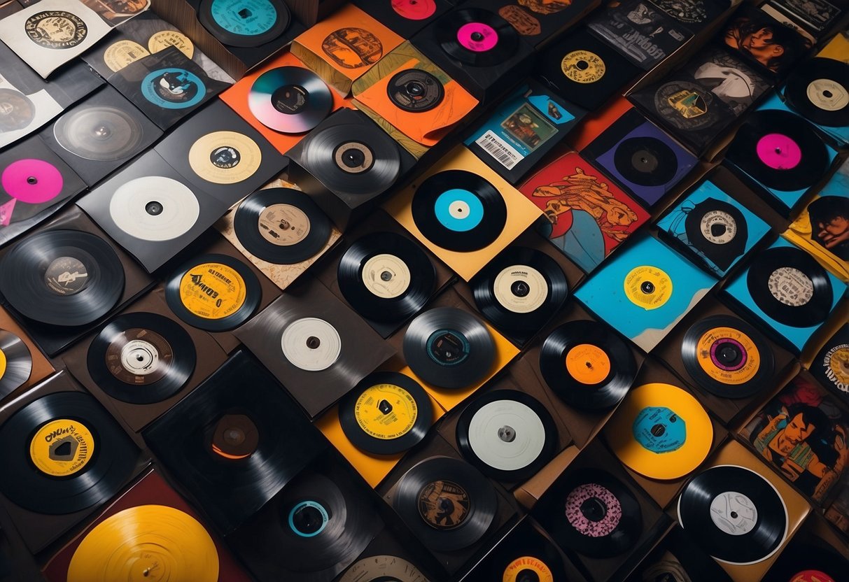 A collection of vinyl records arranged in a creative pattern on a wall, with hip hop inspired artwork and decor surrounding them