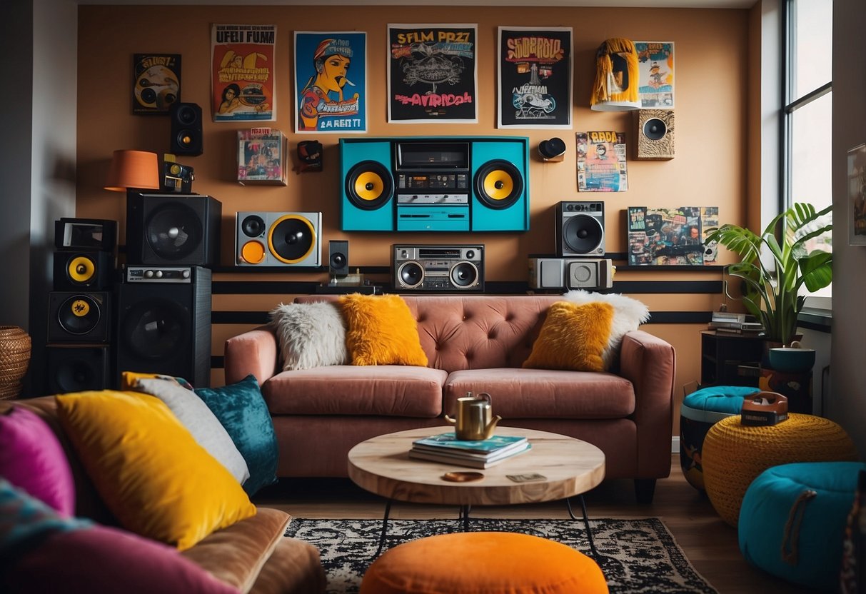 A living room with graffiti throw pillows, hip hop posters, and a boombox on a shelf. Vibrant colors and bold patterns create a stylish urban atmosphere