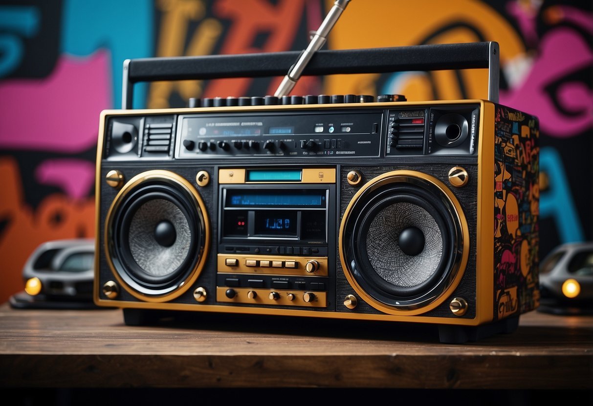 A boom box sits on a shelf, surrounded by hip hop-inspired decor. Bold colors and graffiti elements add to the urban vibe