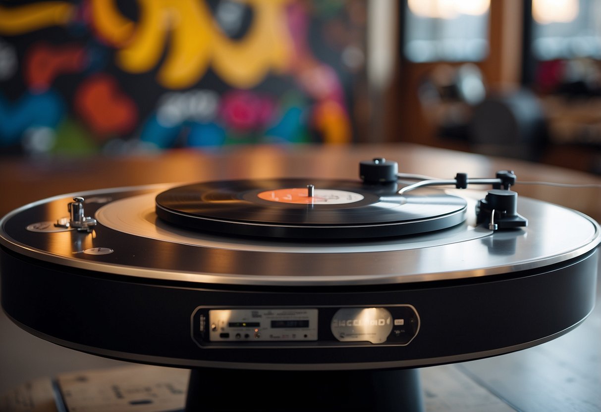 A sleek, circular coffee table with a built-in turntable, surrounded by vinyl records and graffiti-inspired decor