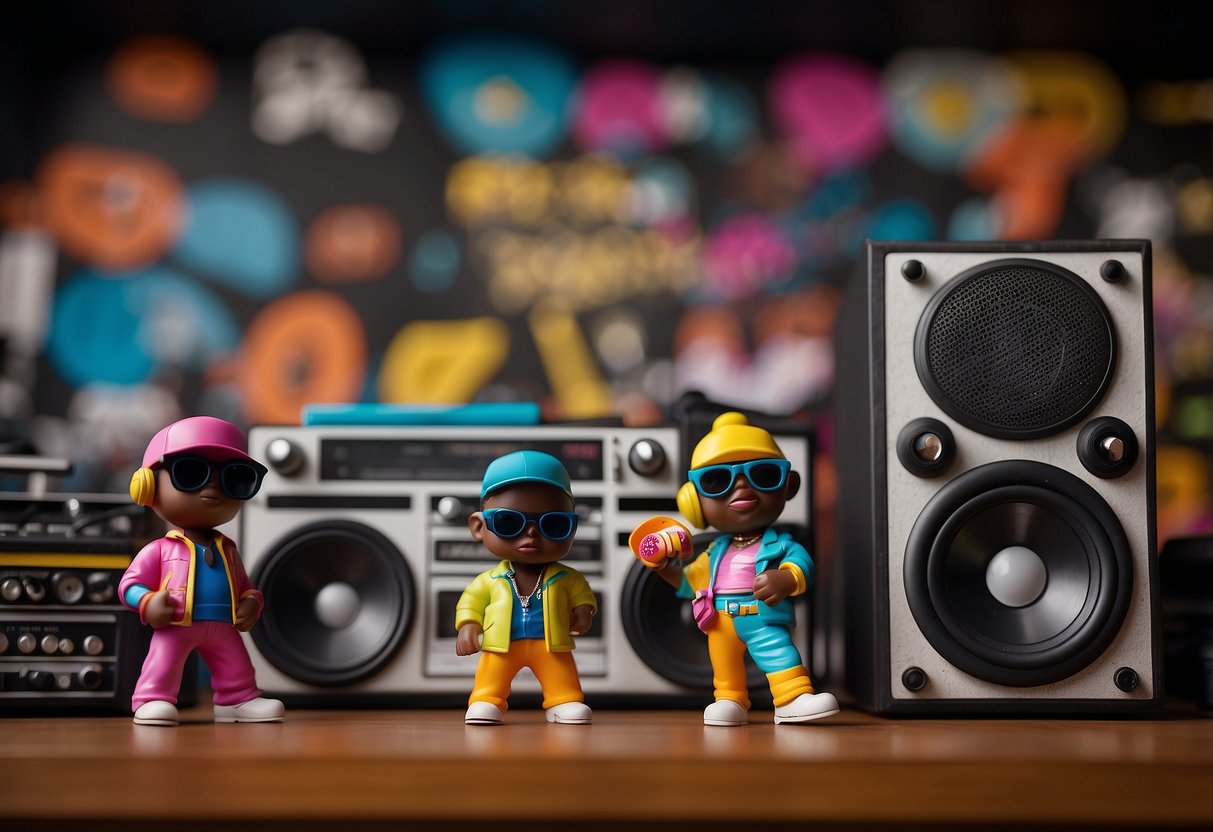 Colorful rapper figurines on a shelf, surrounded by graffiti art and vinyl records, with a boombox playing in the background