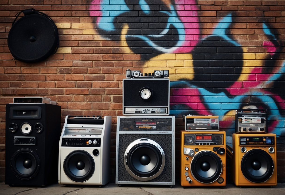 A graffiti-covered brick wall with a boombox, spray paint cans, and a DJ turntable. Bold, colorful posters of hip hop album covers adorn the space