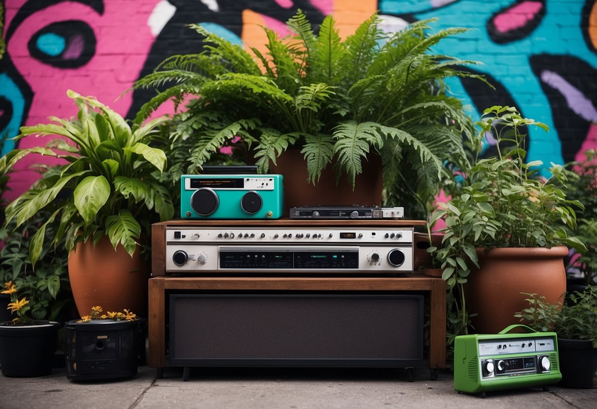 Lush green plants in graffiti-covered pots, surrounded by boombox and turntable decor. Vibrant colors and bold patterns fill the urban jungle scene